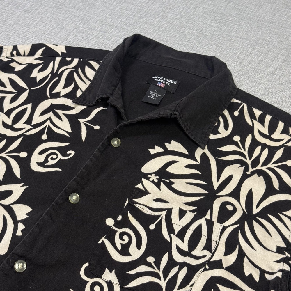 Ralph Lauren Jeans Co. Floral Hawaiian Loop Collar Camp Shirt Mens Medium Black